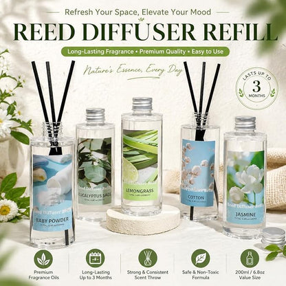 SCENTORINI Reed Diffuser Oil Refill, Jasmine Diffuser Oil 6.76 Fl Oz, Natural Scented Essential Oil Refill Long Lasting Summer Home Fragrance for Room Spa Aromatherapy Bathroom Home Decor