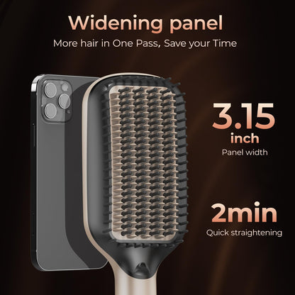PRITECH Hair Straightening Brush Ionic 250-450°F Fasting Heating Anti-Scald & Auto-Off, Wide Plates Flat Iron Comb Teeth Dual-Voltage Straightener Hot Brush Ionizer Anti-Frizz (Black)