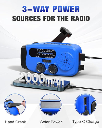 Hand Crank Radio with AM/FM/NOAA Weather Bands,for Emergencies, Camping | 3 LED Flashlights,SOS Function,Solar Powered,Hand Cranked, 2000mAh/7400mWh Charger,for Power Outage - Blue