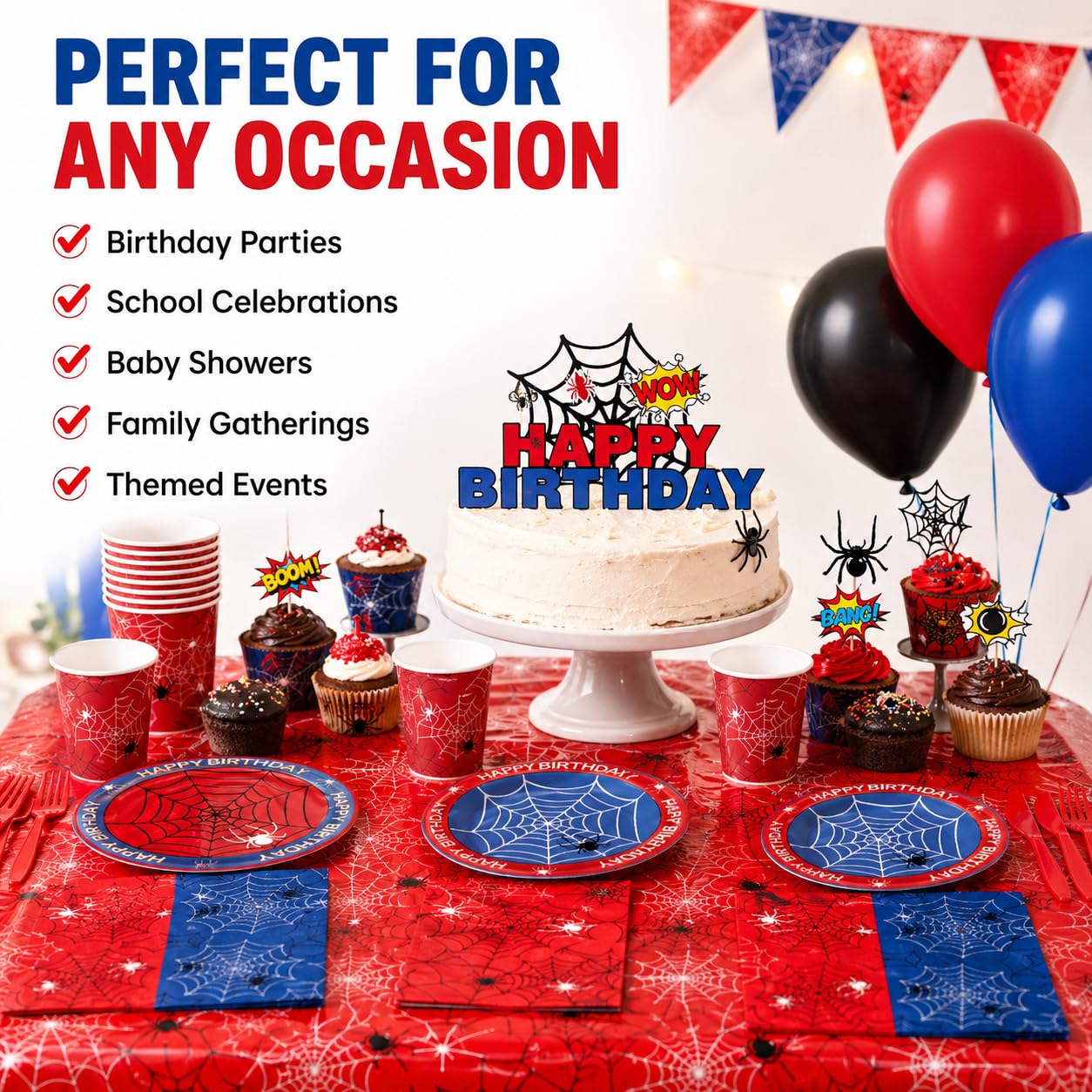 202Pcs Spider Birthday Decorations Party Supplies, Includes Plates Napkins Cups Cutlery Banner Balloons Cake Toppers, Serve 24