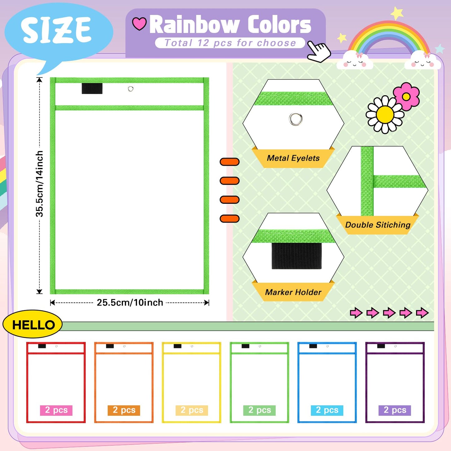 24 Pcs Dry Erase Pocket Reusable Sleeves 10" x 14" Clear Plastic Sheet Protectors with Markers and Mini Dry Erasers for Paper(Rainbow)