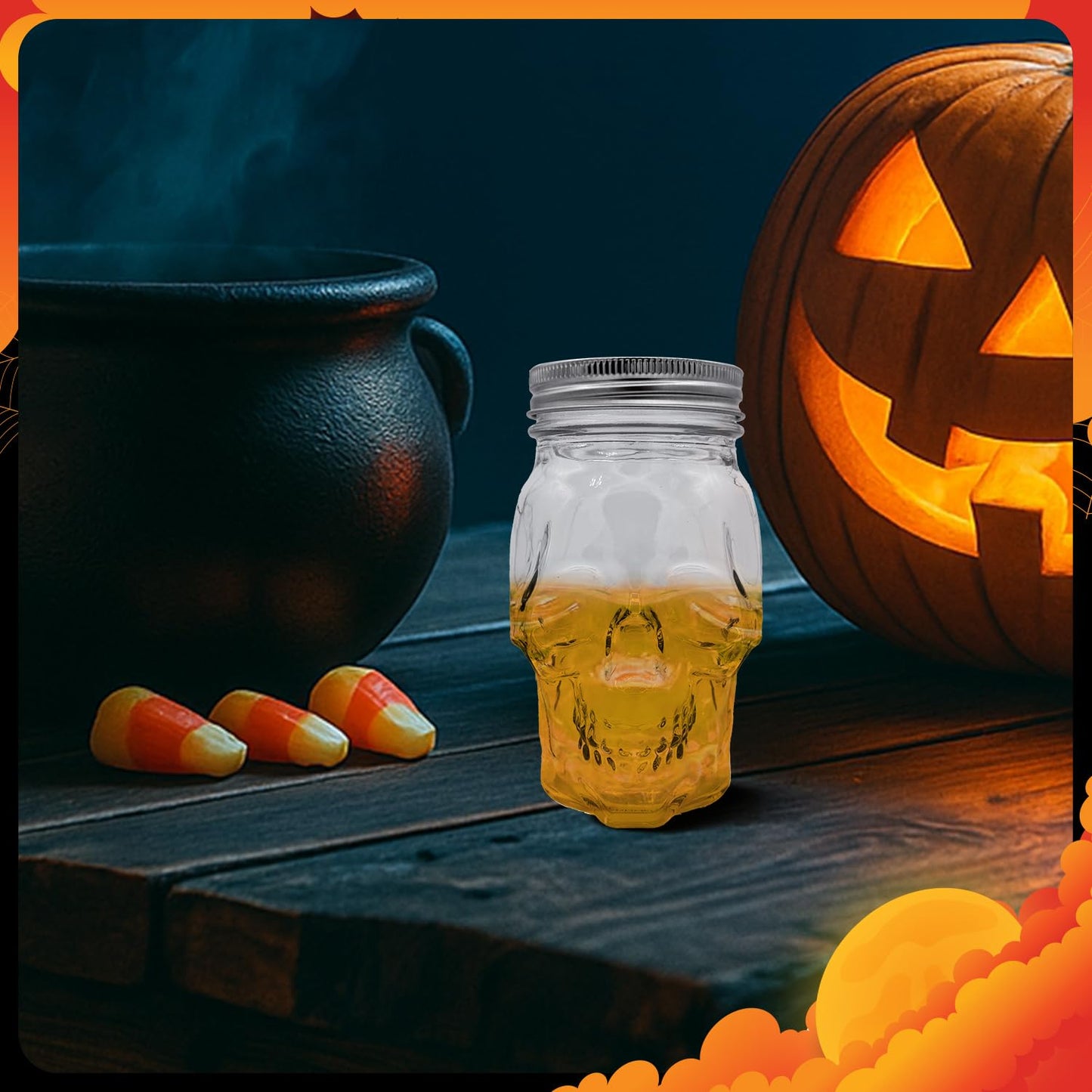 DURA LIVING Set of 2 Skull Mason Jar Glasses with Lids | 16oz Reusable Halloween Drinking Glasses | Unique Skull Décor, Storage, & Canning Jars for Parties & Gifts