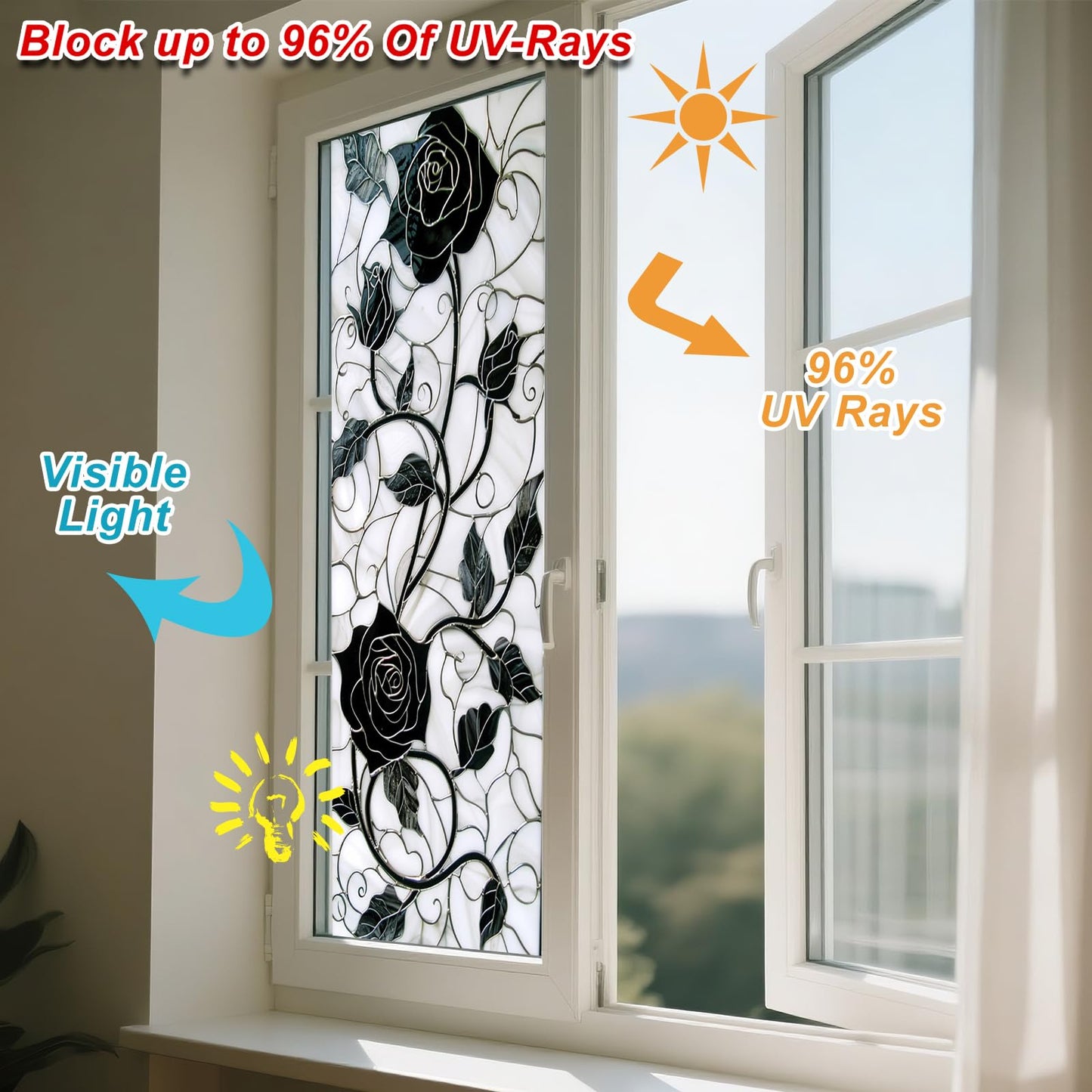 IVN Privacy Window Film Black Rose Vine Decorative Window Cling Stained Glass Style Static Cling Glass Sticker for Bathroom Entryway Kitchen Door Panel 17.7 x 39.3 Inch