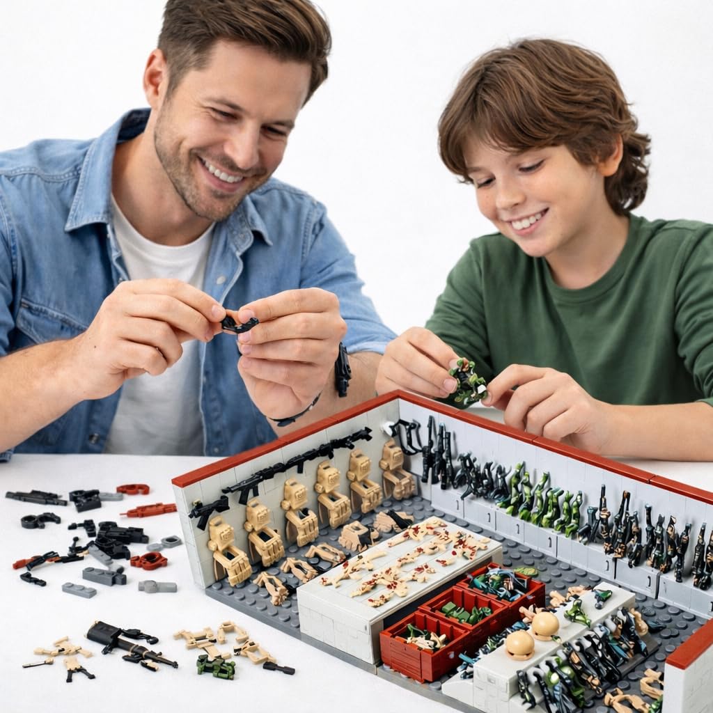 ELEFOCUS WW2 Military Base Building Blocks Set – 520 PCS Army Weapons Pack with SWAT Gear, Miniguns, Custom Guns, and 10 Soldier Figures – Kids Army Playset Compatible with Major Brands