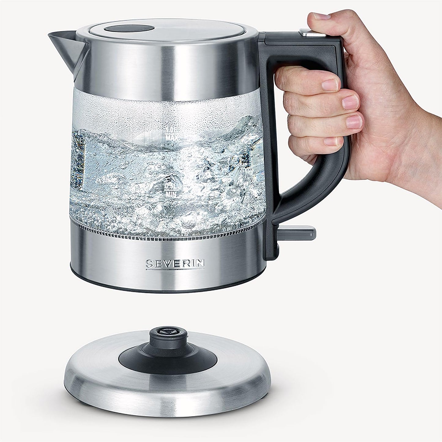 SEVERIN Glass Kettle, Powerful and Compact Kettle in High-Quality Design, Electric Kettle with Limescale Filter, Stainless Steel/Black, WK 3468, Kettle for 1 Litre