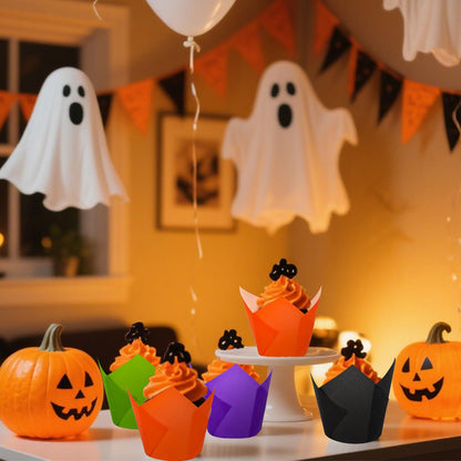 Whaline 200Pcs Halloween Tulip Cupcake Liners Black Orange Purple Green Tulip Baking Cups Muffin Cupcake Wrappers for Party Supplies Table Decor