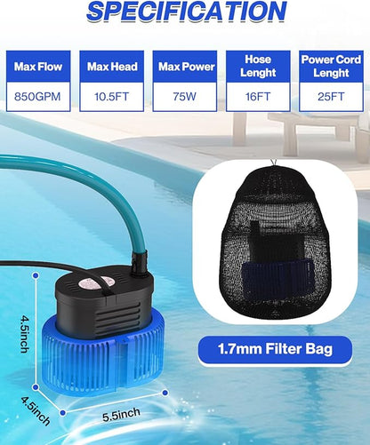 Pool Cover Pump above Ground - Submersible Water Sump Pump Swimming Water Removal Pumps, with Drainage Hose & 25 Feet Extra Long Power Cord, 850 GPH inGround, 3 Adapters