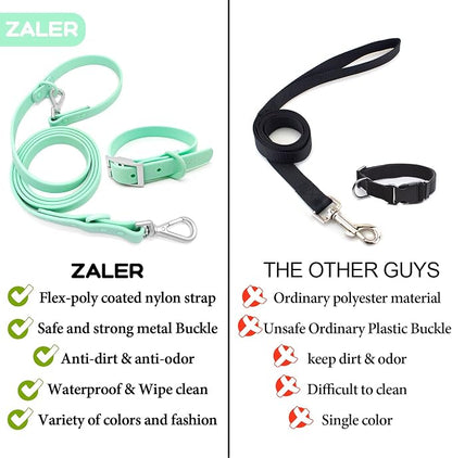ZALER Dog Collar and Leash Set, Waterproof Adjustable Odor Proof Pet Collars Leashes Easy to Clean, 6FT Dog Leash with 2 Hooks for Large, Medium Small Dogs (L, Mint Green)