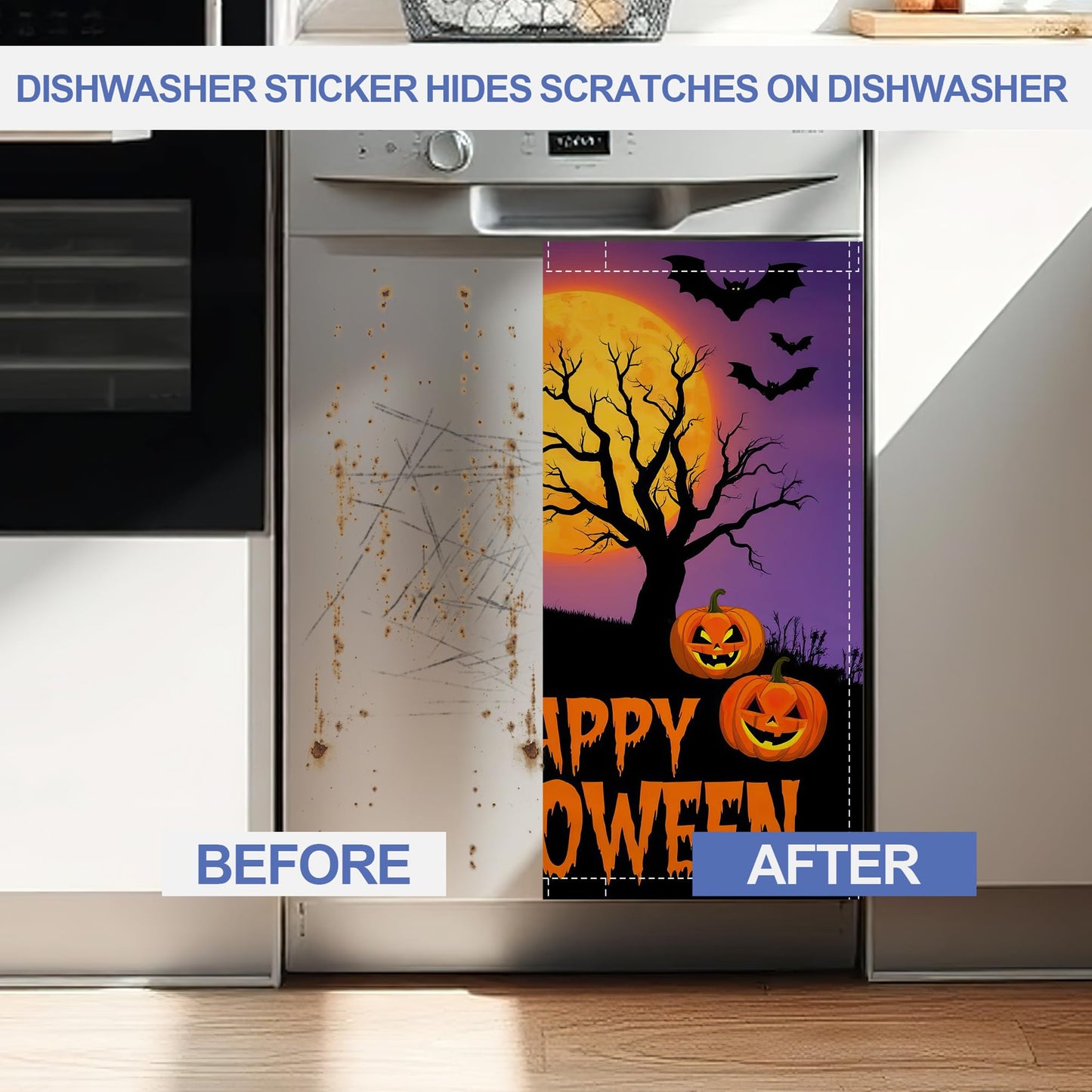 Halloween Pumpkin Bat Dishwasher Magnet Cover,Front Dishwasher Cover Decoration Reusable Decorative Magnetic Cover for Home Kitcen Appliance 23x26 Inch