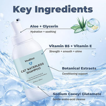 Cat Shampoo & Conditioner 2-in-1, waterless Bath — Hydration & Itch Relief — Detangles & Soothes Dry Skin, Anti-Static — Oatmeal, Aloe, Silk Protein — Low-Residue & pH-Balanced — 500 mL + Glove