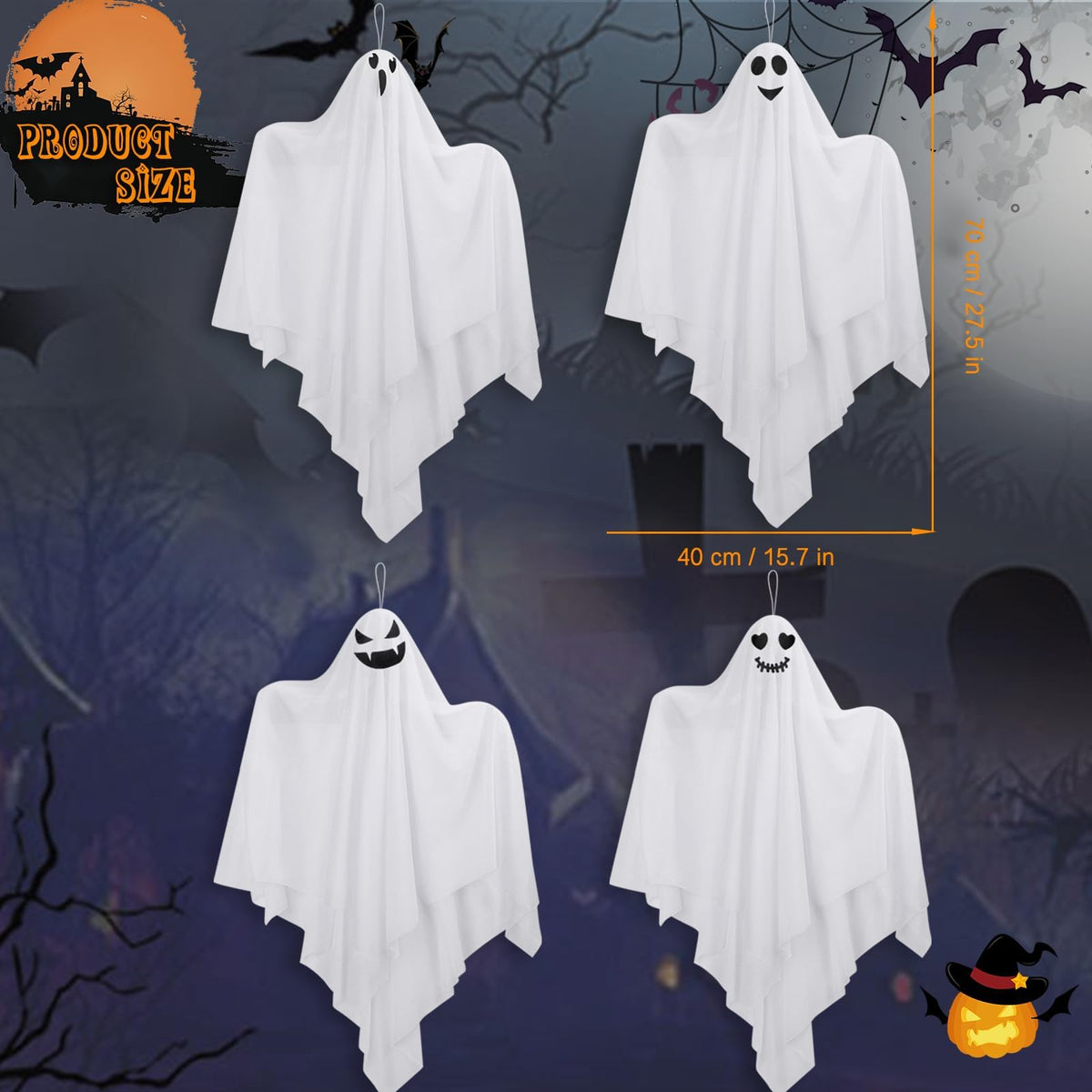 Hanging Ghosts Outdoor Decorations, 4 Pack 28" Cute Flying Ghosts - Halloween Decor for Home, Tree, Porch, Patio, Lawn, Garden, Party & Holiday