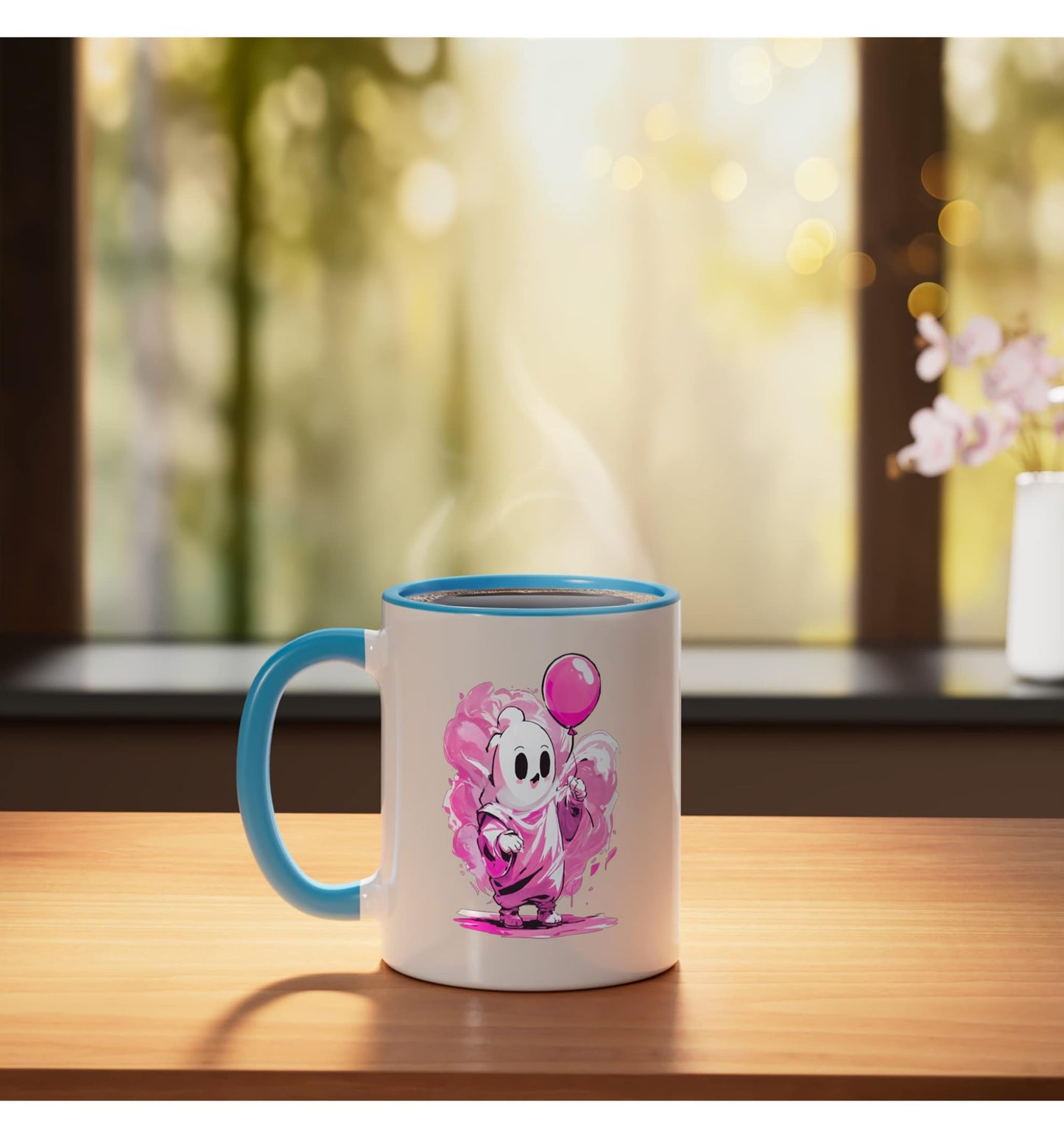 Cute Pink Skeleton Balloon Halloween Graphic Ceramic Mug, Blue/White