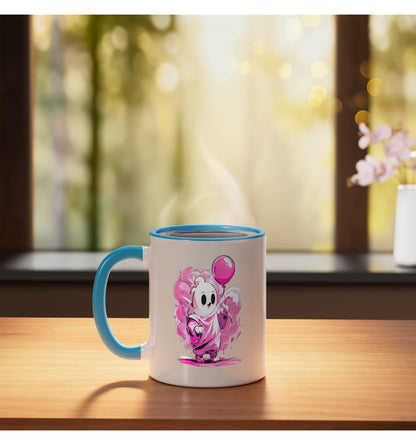 Cute Pink Skeleton Balloon Halloween Graphic Ceramic Mug, Blue/White