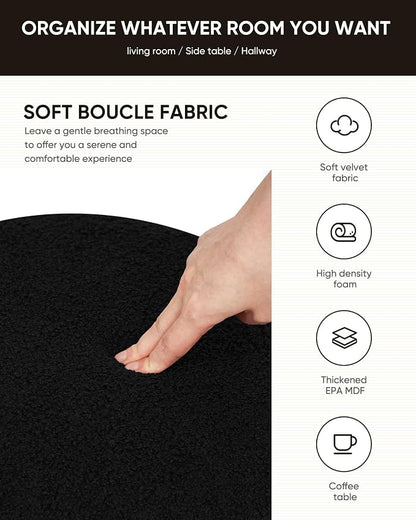 B FSOBEIIALEO Ottoman with Stroage, Round Boucle Storage Ottoman with Gold Plating Base,Foot Rest Stool for Dorm Room, Living Room Black, 16.73"x16.73"x17.72"