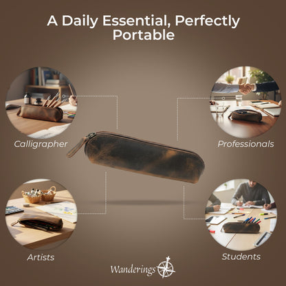 WANDERINGS Vintage Leather Pencil Pouch Case – 7" Round – Hand Crafted Functional Brown Leather Zipper Pouch – Round Pencil Case Holder for Men and Women – Travel Makeup, Jewelry, and Purse Bag
