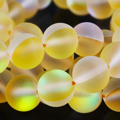 Matte Yellow Aurora Crystal Glass Beads, 10MM Frosted Glitter Shining Mermaid Round Loose Beads, Rainbow Holographic Synthetic Moonstone for Jewelry Making DIY Bracelet