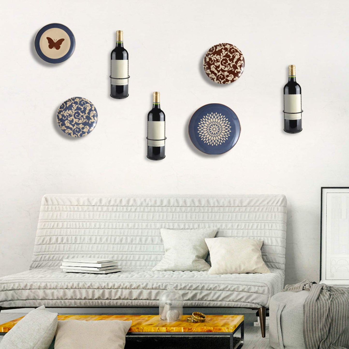 Yimerlen 6 Pcs Spiral Wall Mounted Wine Rack, Metal Bottle Display Holder for Storage and Theme Decor (Upward Style) Black