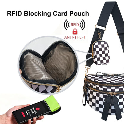 Security Carry Bum Bags Checkered Crossbody Fanny Packs Diaper Bag with RFID Pouch for CCW, EDC& Outdoor (Black+white)