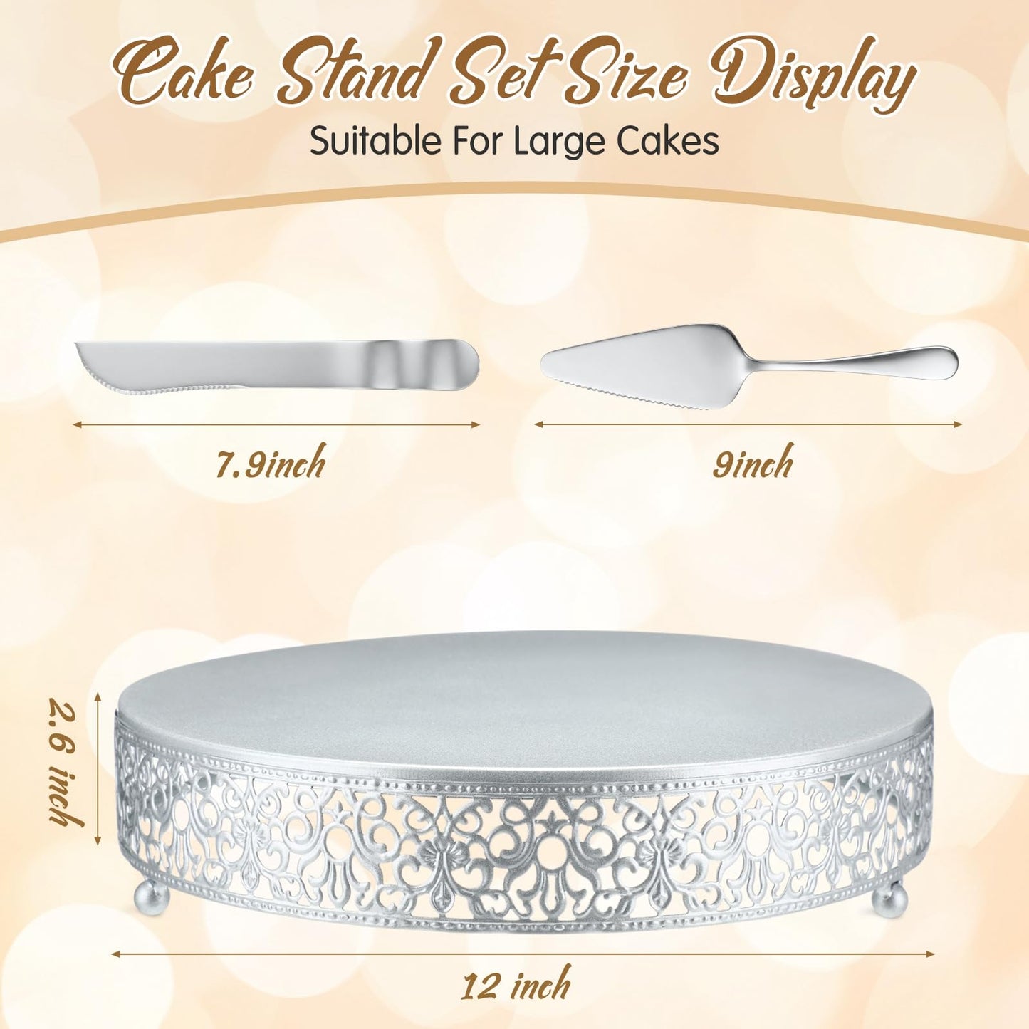 Wenqik 12 Inch Silver Cake Stand Set Metal Round Cupcake Dessert Stand with Cake Cutting, Spatula Wedding Cupcake Pastry Display Candy Holder Display for Wedding Party Birthday Baby Shower(Classic)