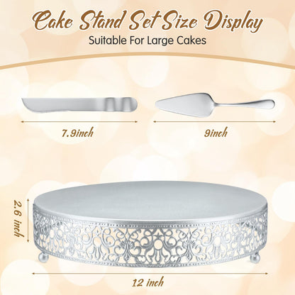 Wenqik 12 Inch Silver Cake Stand Set Metal Round Cupcake Dessert Stand with Cake Cutting, Spatula Wedding Cupcake Pastry Display Candy Holder Display for Wedding Party Birthday Baby Shower(Classic)