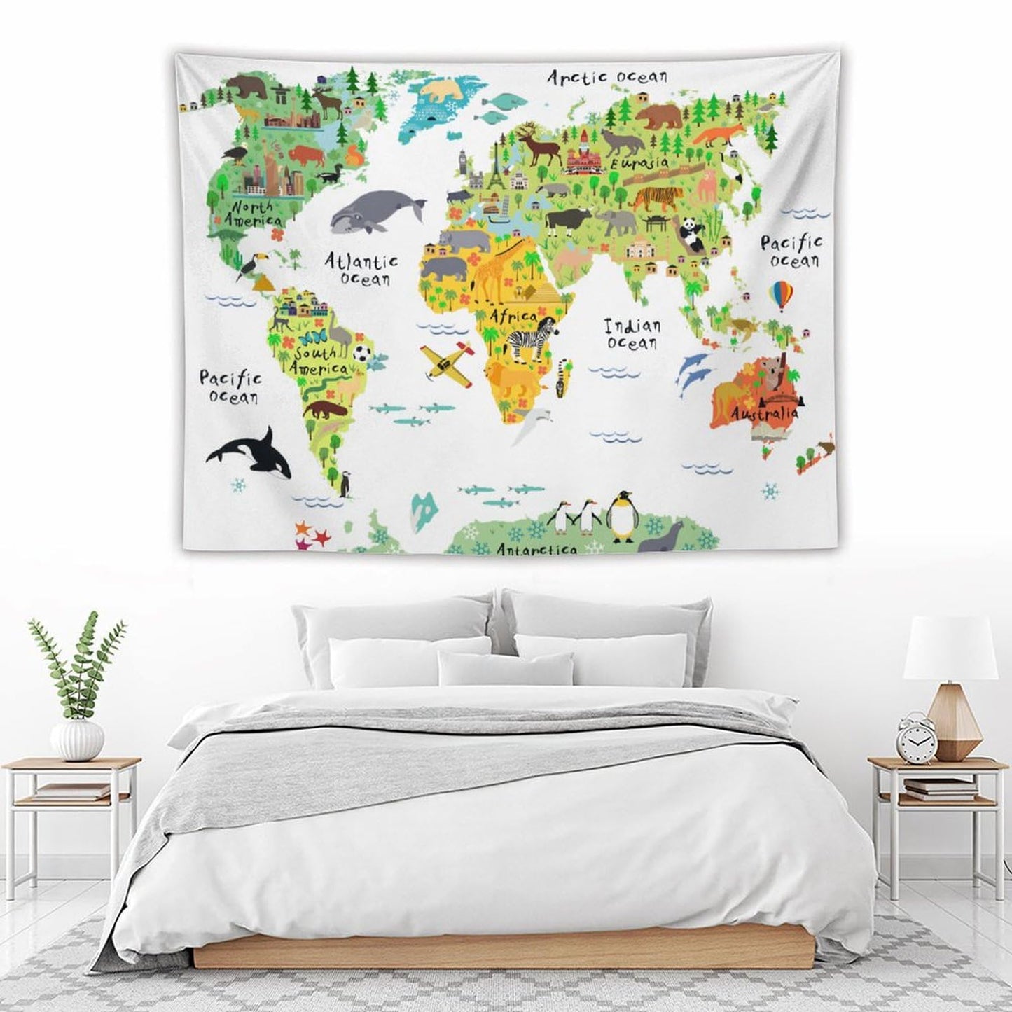 DDCBNS Kids World Map Tapestry, Cartoon Animal Map for Boys & Girls, Fun Educational Wall Hanging for Study, Classroom, Bedroom, Living Room - 80" x 60"