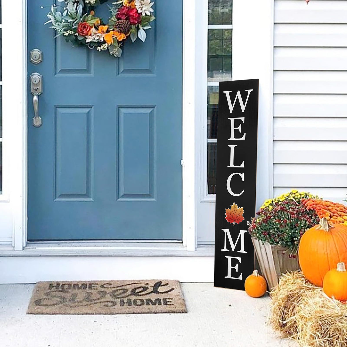 Interchangeable Welcome Sign for Front Porch- 45"X9" Large Standing/Hanging Wooden Sign with 12 PCS Replaceable Icons for 4th of July Fall Halloween Porch Wall Yard Decorations (Black)