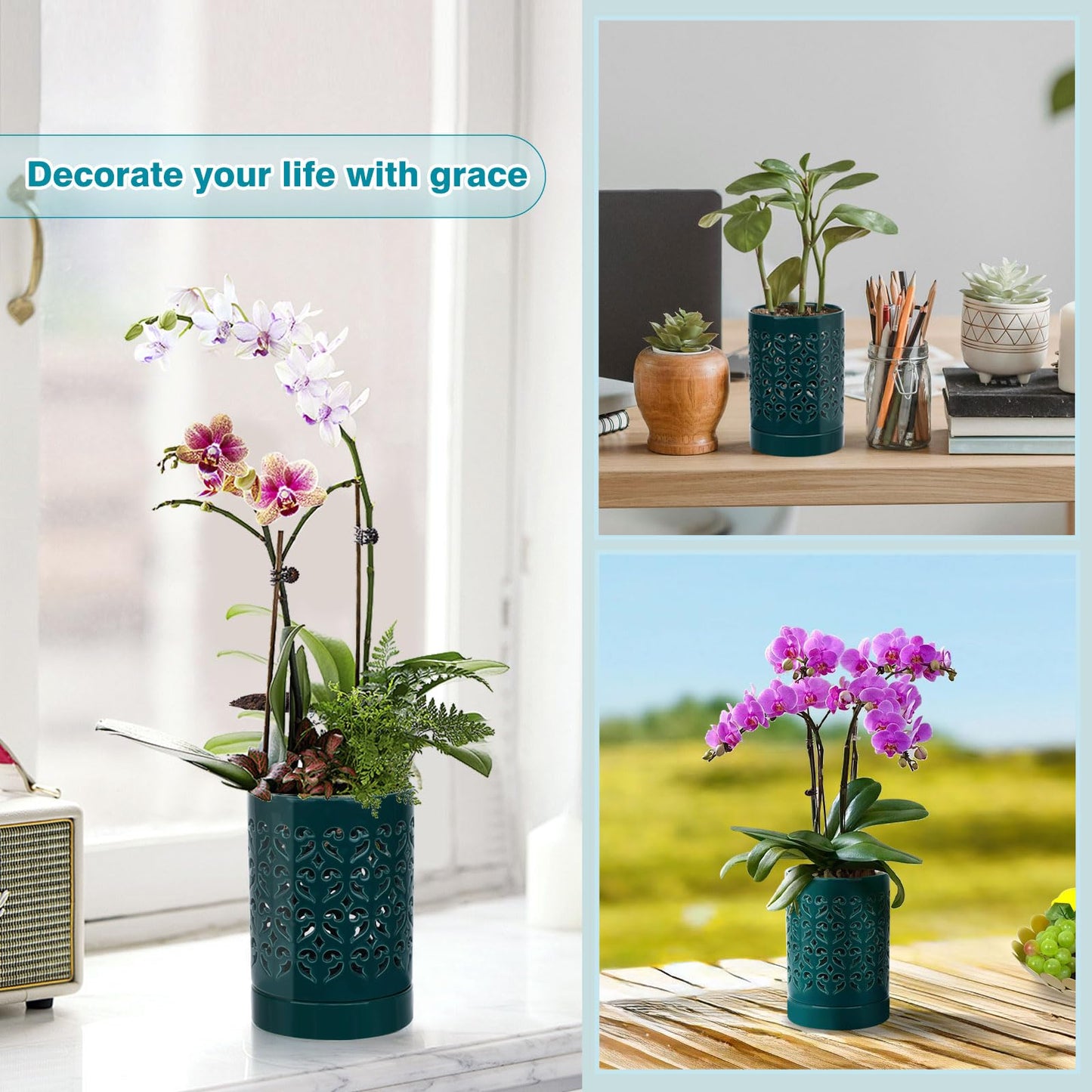 mwellewm Orchid Pot with Holes Ceramic Plant Pots Indoor Outdoor Flower Pots for Repotting with Drainage and Saucer 4 Inch Breathable Slotted Orchids Planter (Green)