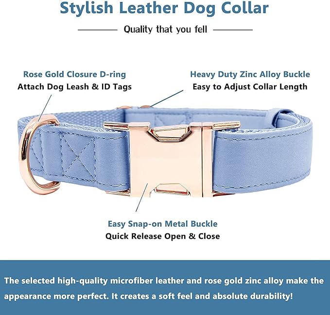 Soft Leather Dog Collar and Leash (6.6') Set - Stylish Rose Gold Heavy Duty Metal Buckle, 4 Adjustable Lengths Leash for Small Medium Large Dogs - Comfortable & Easy to Clean BluePurple S(12.2"-16.9")