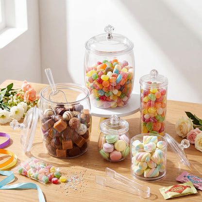 Suclain 10 Pcs Plastic Candy Jars with Lids Apothecary Jars with 6 Set Ice Tongs and Scoops Cookie Jar Candy Buffet Containers Candybar Supplies for Graduation Gift Birthday Party Wedding Decoration