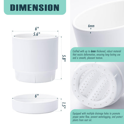 6 Inch Modern Plastic Round Pots for Indoor Houseplants and Herbs, Pack of 3 Planter Pot with Drainage Hole & Saucer, Deep Water Catch Tray, Straight Cylindrical Pot for Plants, Matte White, 23-D-S-1