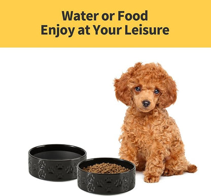 Ceramic Dog Bowl Set, Double Bowls, Non-Slip, 6 inch, Black | Microwave and dishwasher safe ceramic bowls, 3.5 cup capacity for food and water, easy to clean, for small to medium dogs