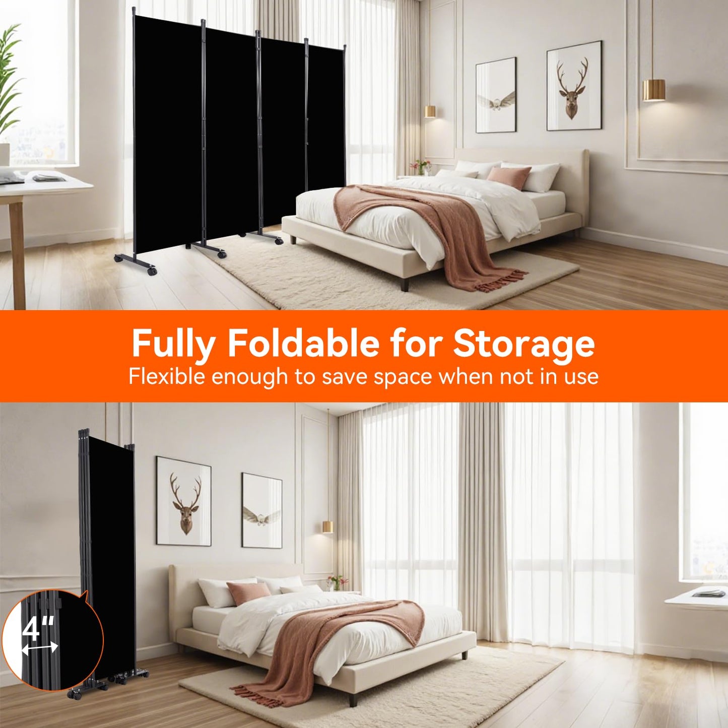 Room Divider 88''W Wall Divider for Room Partition (Heavy Duty Base) 4 Panel Partition Room Dividers, Freestanding Room Divider Screen Separation W/Wheels Folding Privacy Screen Panel Space Separator