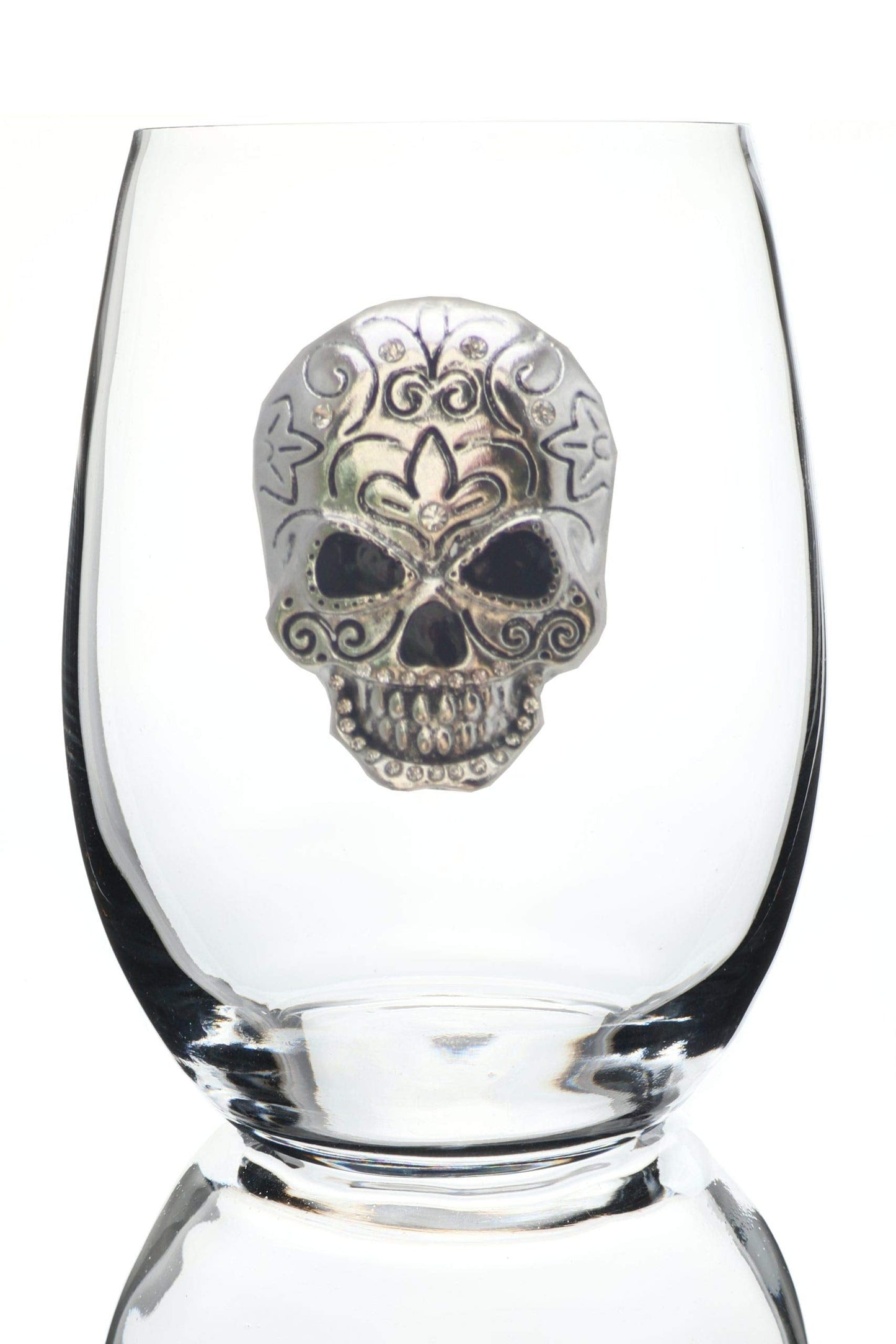 THE QUEENS' JEWELS Skull Jeweled Stemless Wine Glass, 21 oz. - Unique Gift for Women, Birthday, Cute, Fun, Not Painted, Decorated, Bling, Bedazzled, Rhinestone