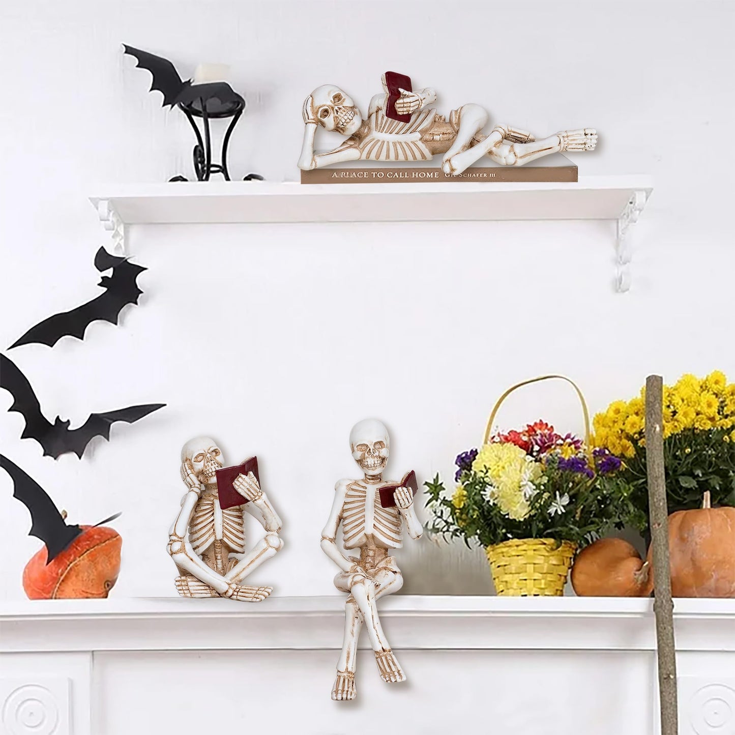 Dawbun 3 Piece Halloween Indoor Decor Figurines Sitting Skeleton Statue Halloween Decorations mini Reading Skull Figurine Home Decor for Living Room Table Shelf Ornament