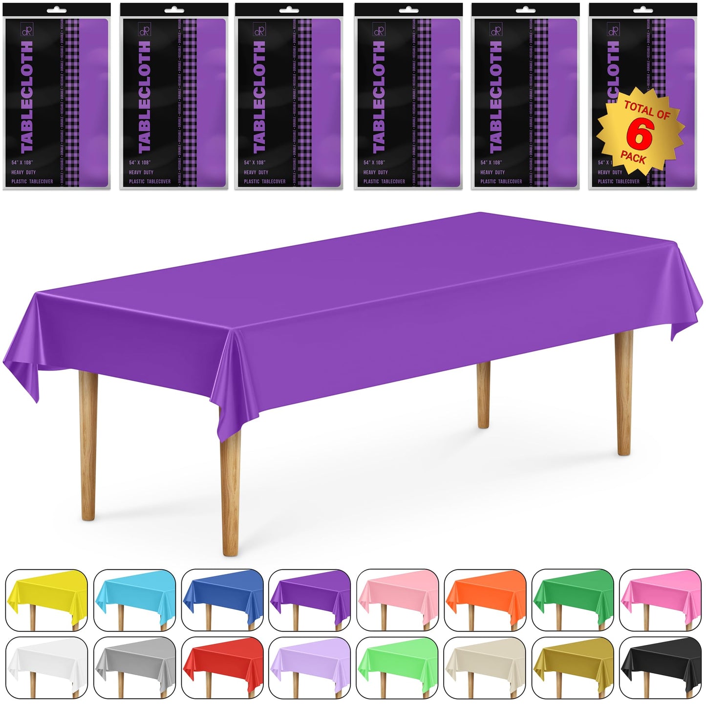 DecorRack 6 Rectangular Tablecloths BPA-Free Plastic, 54 x 108 inch, Dining Table Cloth, Rectangle Table Cover for Parties, Picnic, Camping and Outdoor, Disposable or Reusable, Purple (6 Pack)