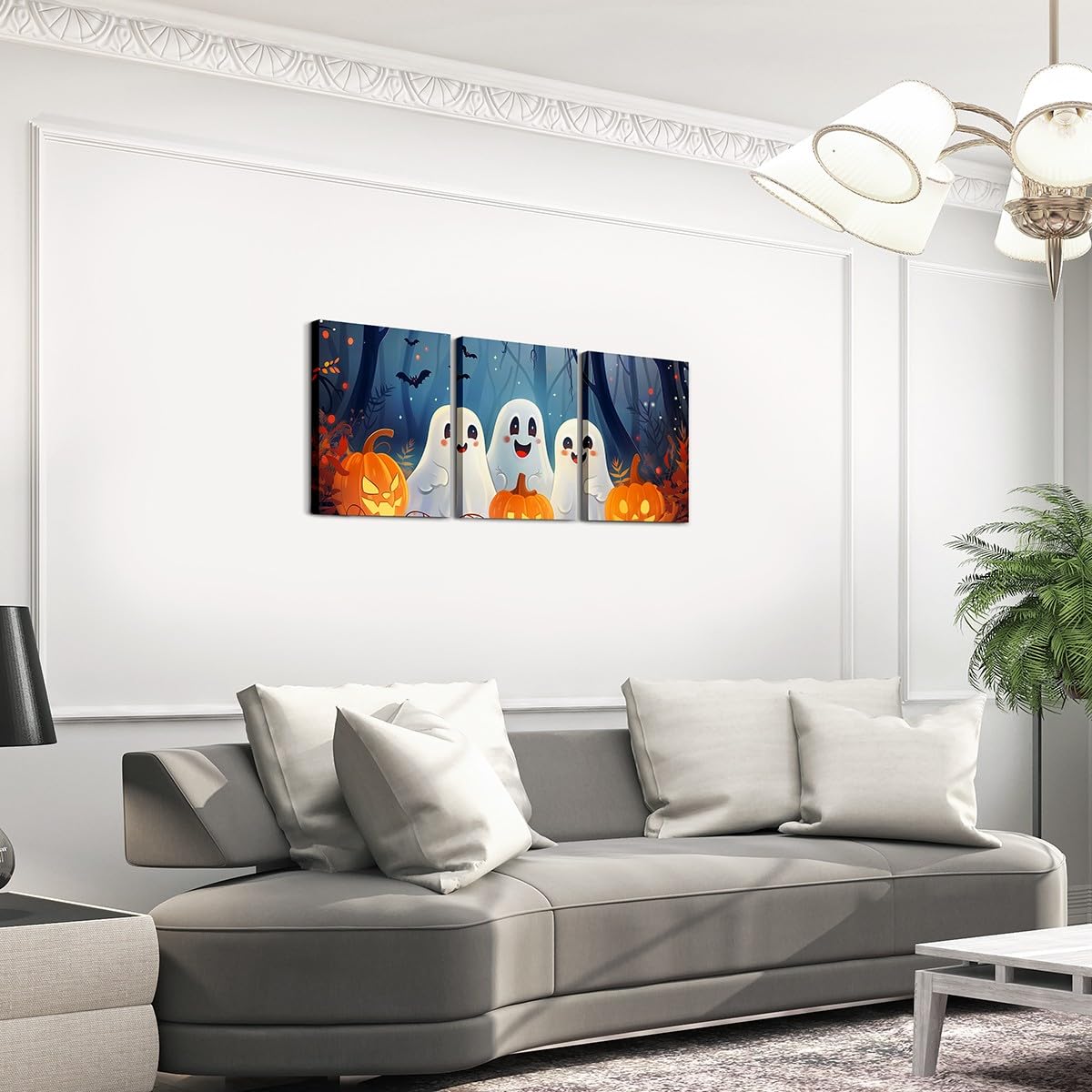 Cute Ghosts Cactus Canvas Wall Art Set Of 3 Pieces, Cartoon Pumpkin Lantern Wall Decor Home Artwork for Living Room Bedroom Decorative, Halloween Paintings Wall Hanging, Kids Boy Girl Room Decor