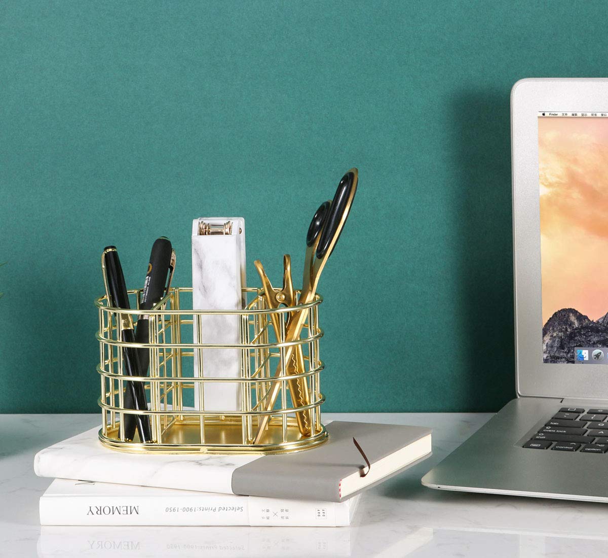 Nugorise Pen Holder, 3 Compartment Metal Pencil Holder Stationery Organizer, Decorative Desktop Storage Holder for Office Supplies, Gold