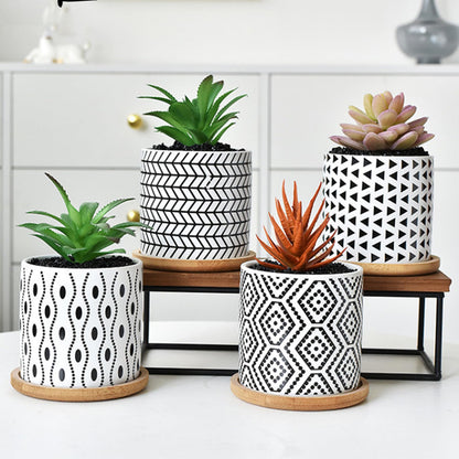 Succulent Pots, 3.5 Inch Small Succulent Planters with Drainage for Plants Live, Hand-Painted Ceramic Pot Flower Pots Bonsai Pots with Bamboo Tray, Unique Gifts for Women/Men, 4 Pack (Geometry-2)
