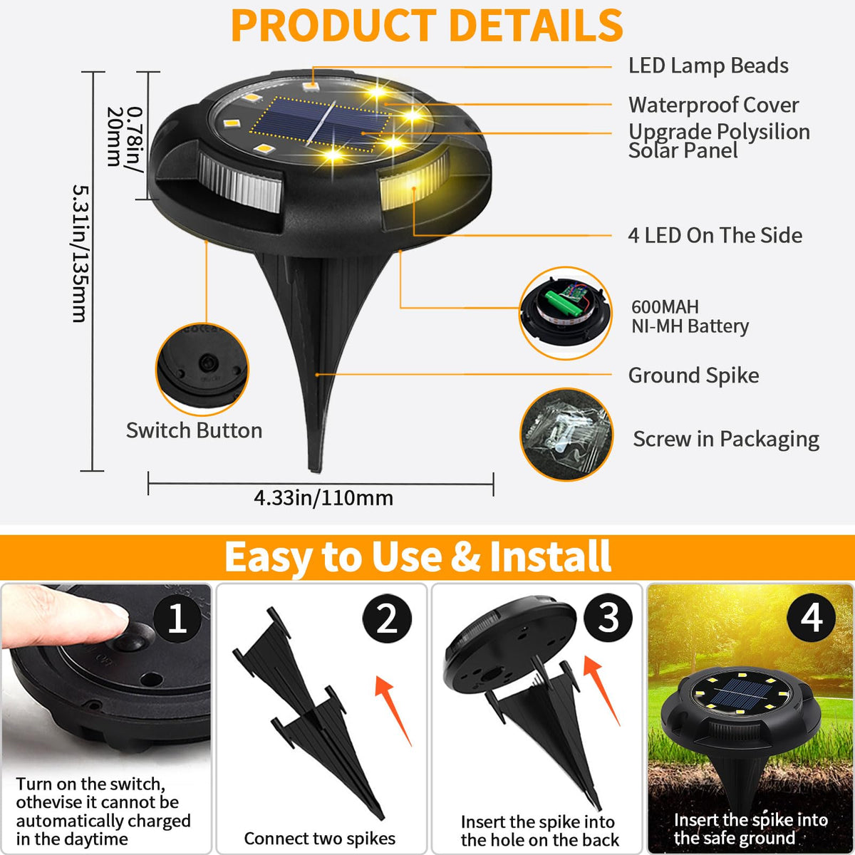 ANKUNABA Solar Ground Lights, 8 Pack 12 LED Solar Disk Lights Outdoor Waterproof In-Ground Landscape Lighting for Garden Pathway Yard Lawn Patio Deck Driveway Walkway Outside Decor (Warm White)
