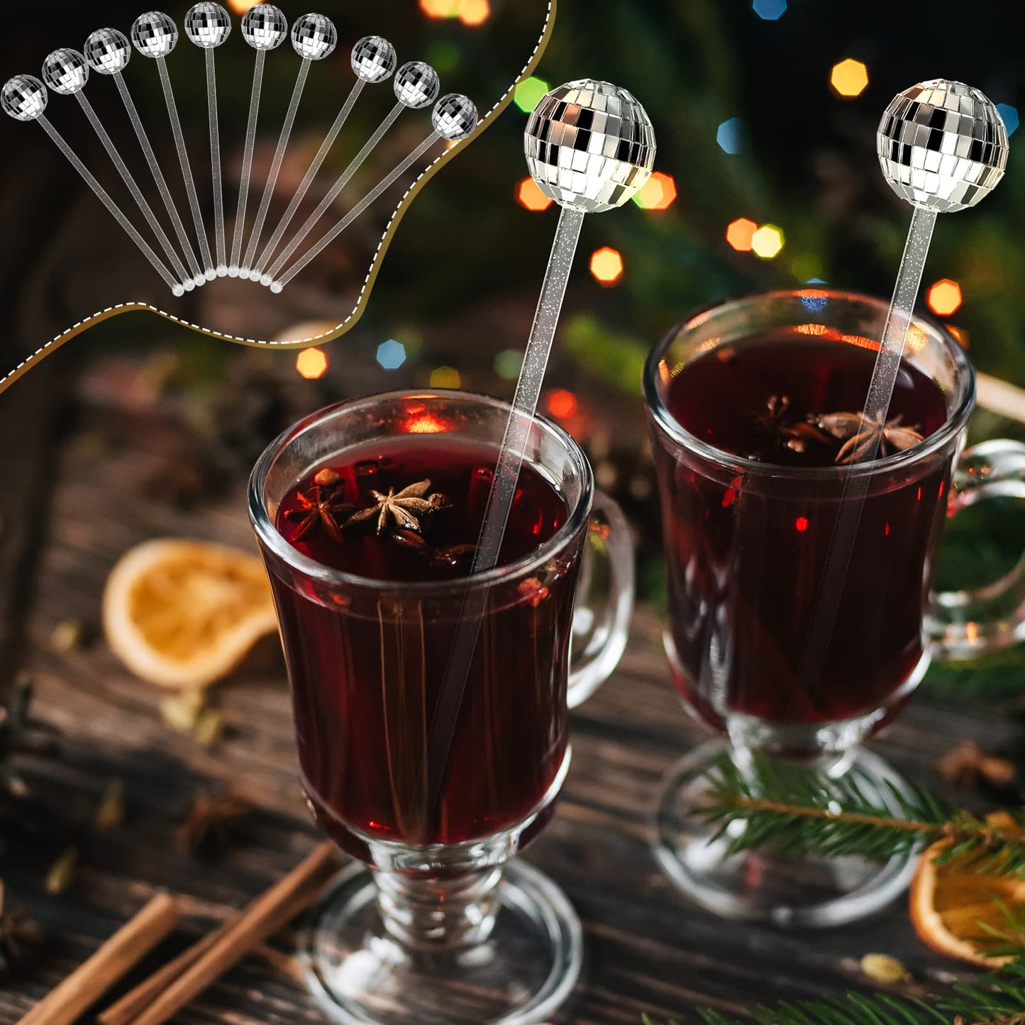 Sawysine 24 Pcs Disco Party Decorations Disco Ball Cocktail Stirrers 8 Inch Silver Mirror Ball Stir Sticks Beverage Coffee Drink Stirrer for 70s 80s Bachelorette Wedding Birthday Party(Silver)