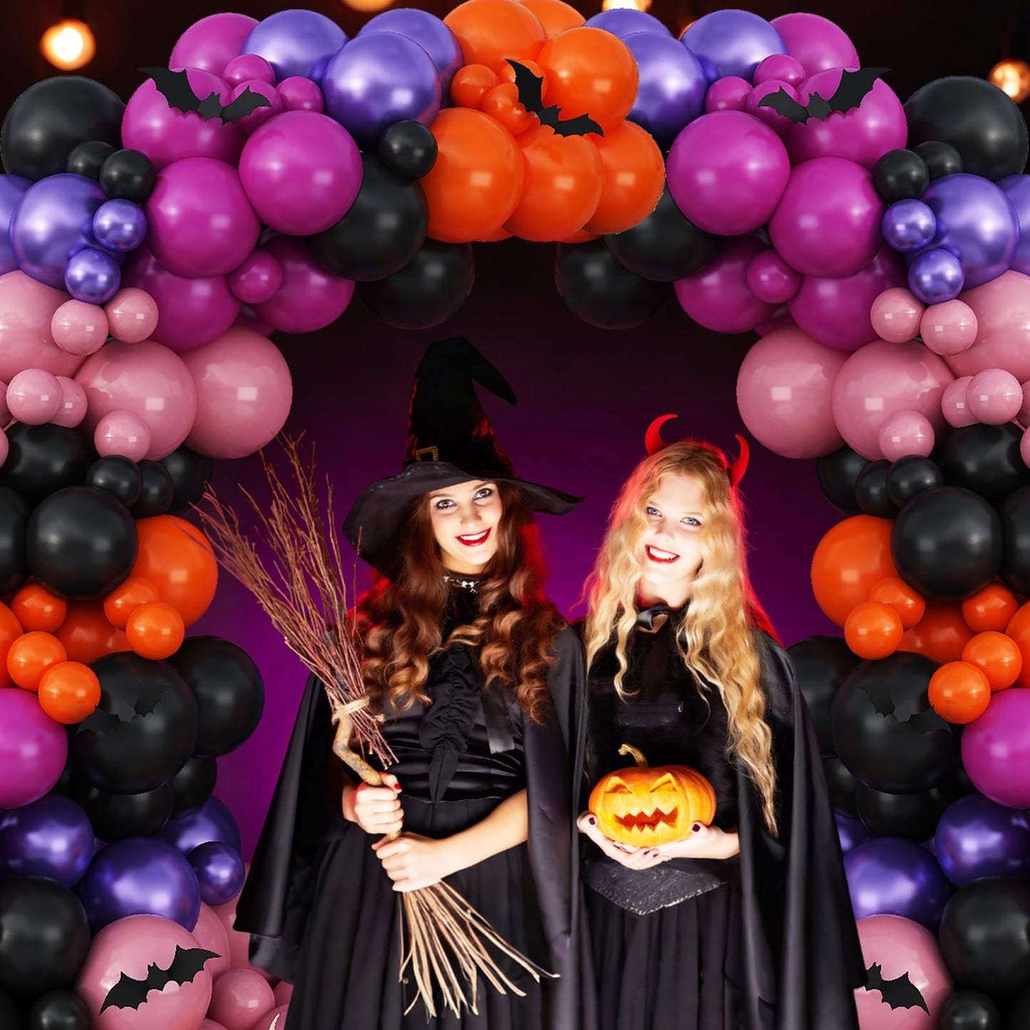 Froova Halloween Balloon Arch Kit, 123 Pcs Black Orange Pink Purple Balloon Garland with 3D Bat Stickers for Kids Halloween Baby Shower Wedding Spooky Birthday Party Decorations