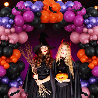 Froova Halloween Balloon Arch Kit, 123 Pcs Black Orange Pink Purple Balloon Garland with 3D Bat Stickers for Kids Halloween Baby Shower Wedding Spooky Birthday Party Decorations