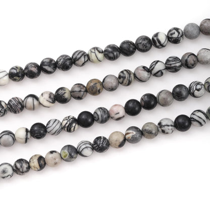 6mm 60pcs DIY Natural Black Network Zebra Stone Beads Round Healing Crystal Gemstone Loose Beads for Jewelry Making Handmade Bracelet Necklace