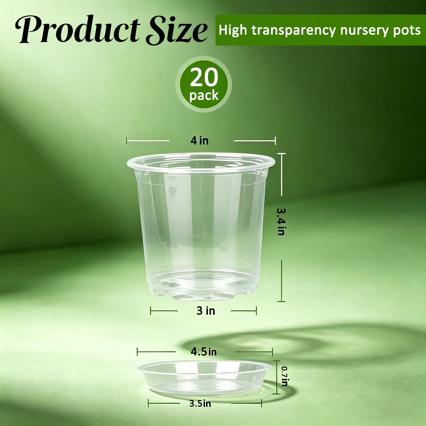 Frukwoc 4 Inch Clear Nursery Pots with Saucers 20 Pack, Plastic Flower Pots with Drainage Holes
