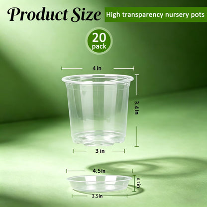 Frukwoc 4 Inch Clear Nursery Pots with Saucers 20 Pack, Plastic Flower Pots with Drainage Holes