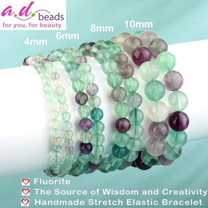 AD Beads 8mm Handmade Fluorite Elastic Bracelet – Natural Gemstone for Is the source of Wisdom and Creativity – Meditation, Yoga, Healing and Energy Gift for Men Women