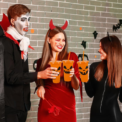 JarThenaAMCS 24Pcs Halloween Plastic Cups with Straws Lids Orange Pumpkin Plastic Tumbler Spooky Festive Cold Cups for Home Office Halloween Party Supplies