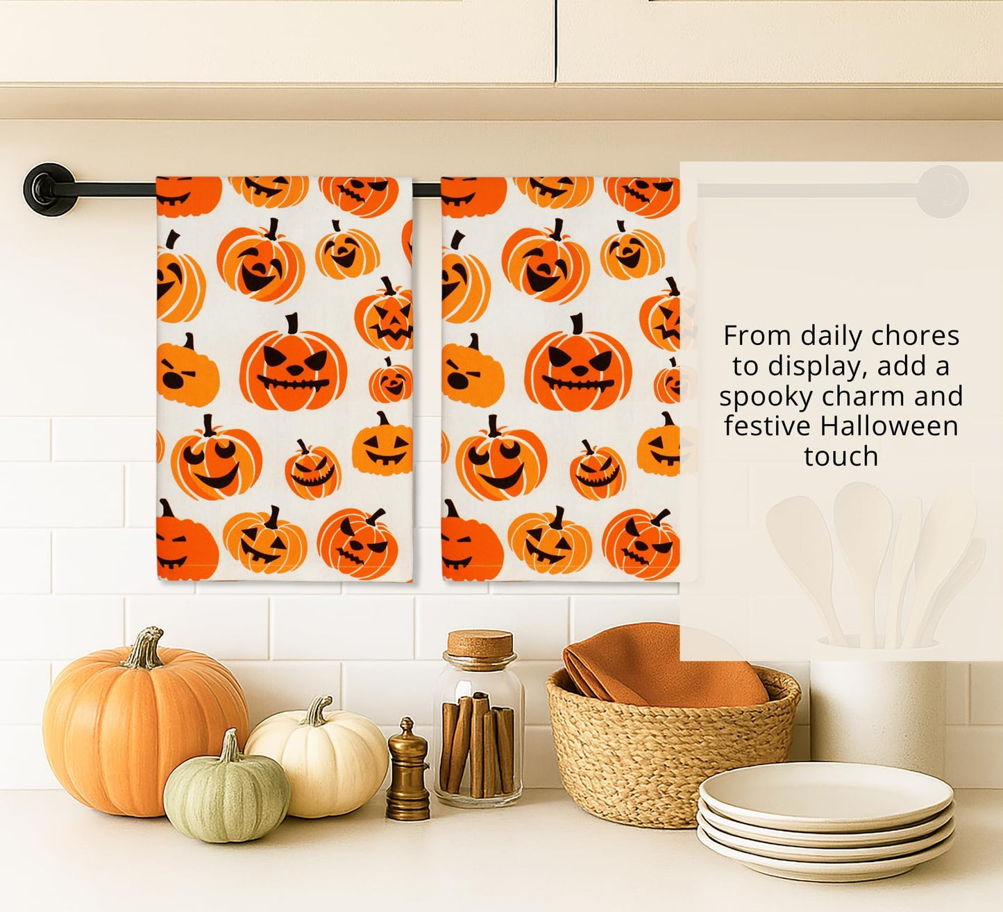 PurpleEssences Halloween Kitchen Towels Set of 2-16x28 inch 100% Cotton Dish Towels - Absorbent, Reusable Hand Towels for Drying, Cleaning & Kitchen Décor - Scary Pumpkin