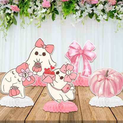 12 Pcs Pink Bow Ghost Honeycomb Centerpieces, Pink Halloween Party Favors Birthday Party Decorations Bow Ghost Centerpieces Decorations Supplies for Halloween Kids Teens Boys Girls Baby Shower
