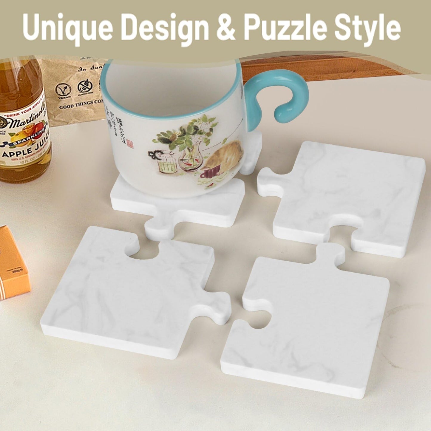 Marble Coasters Set of 4, Aturalux Luxury Aesthetic Modern Decor for Coffee Table, White Mable Real Natural Stone Coasters